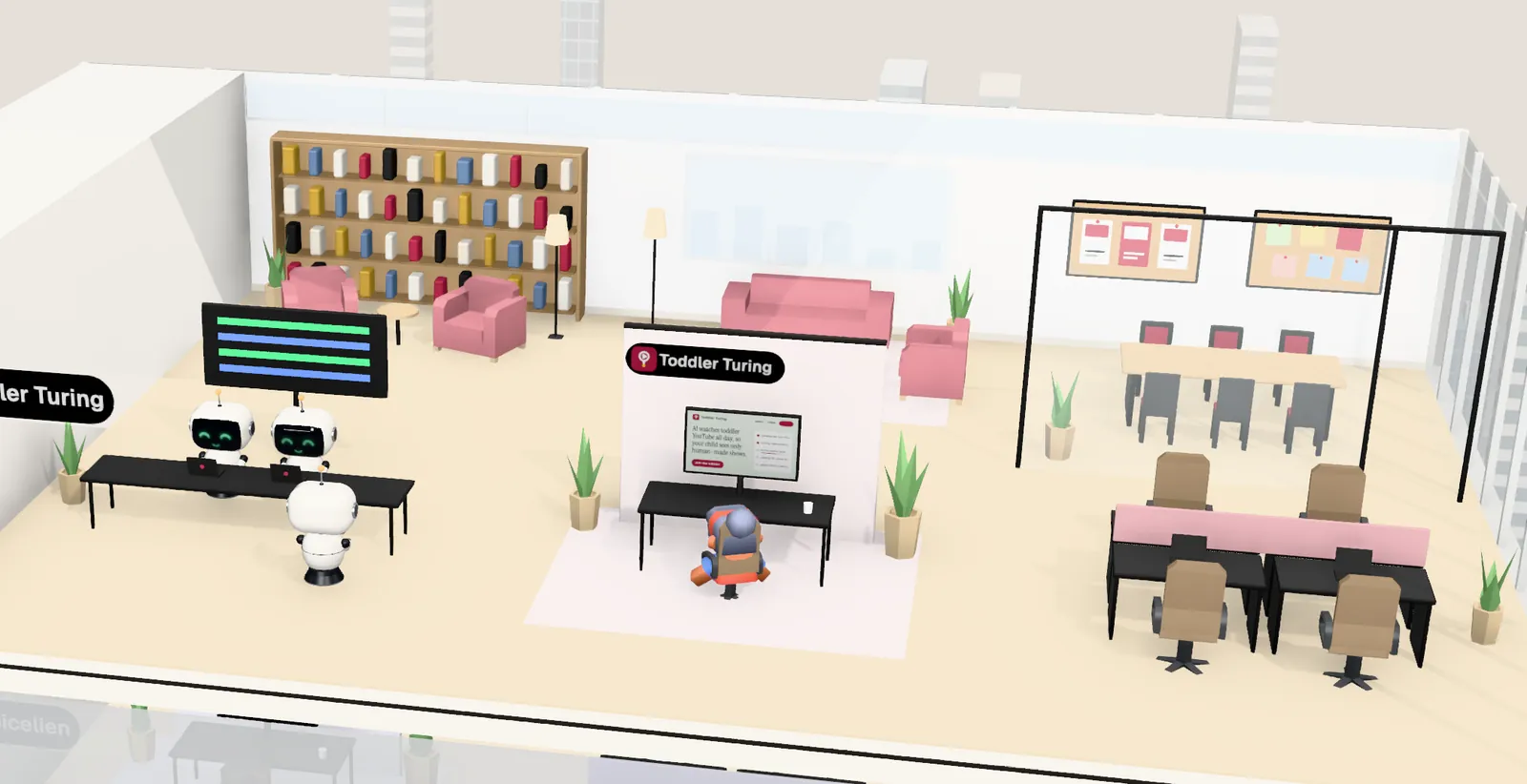 Toddler Turing’s office on floor 14 of Tower 2: the owner’s desk with the website on screen, the agents’ bench, a meeting room and a library